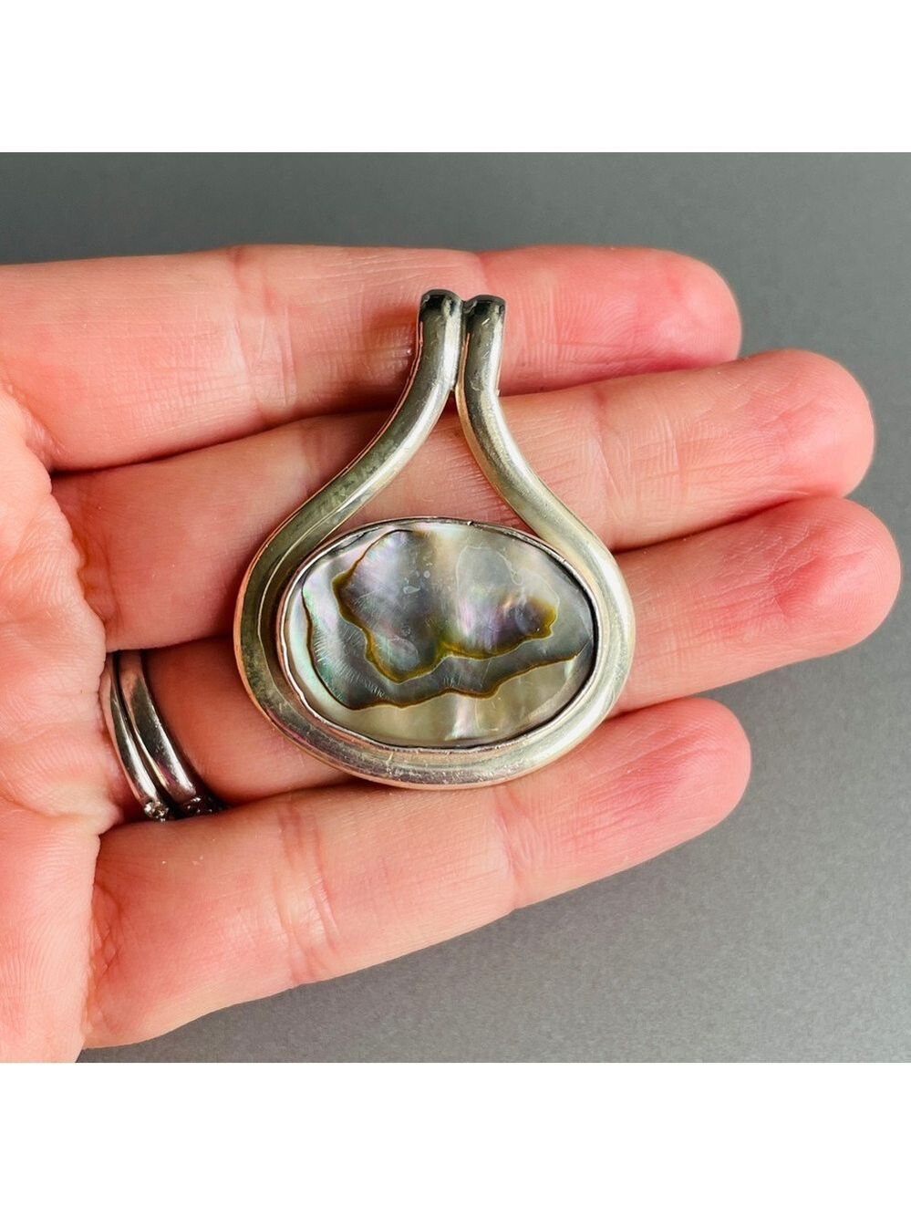 Vintage Mexico Abalone Shell Sterling Silver Split Bail Large Pendant Ne… - Picture 1 of 6